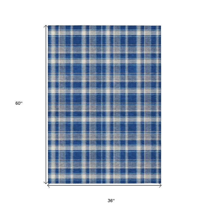 3' X 5' Navy and Ivory Plaid Washable Non Skid Indoor Outdoor Area Rug