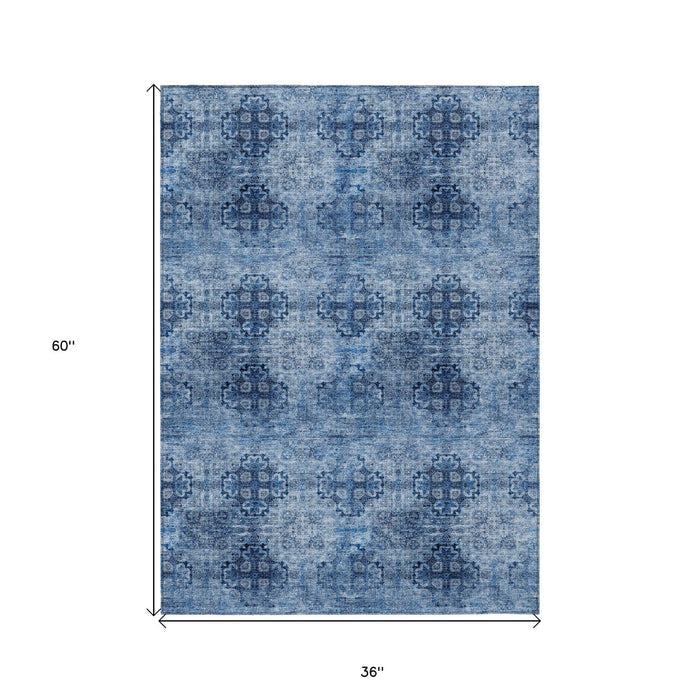 3' X 5' Navy Blue Floral Medallion Washable Non Skid Indoor Outdoor Area Rug