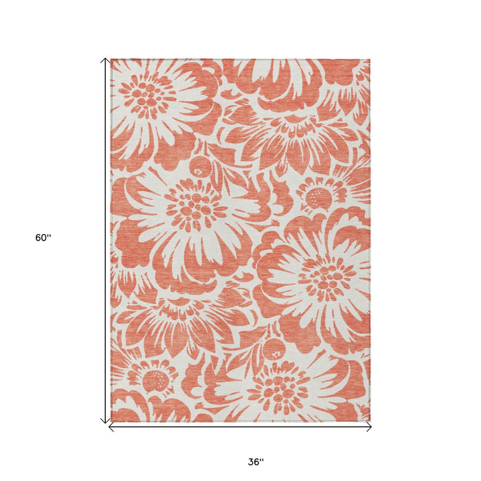 3' X 5' Salmon and Ivory Floral Washable Non Skid Indoor Outdoor Area Rug