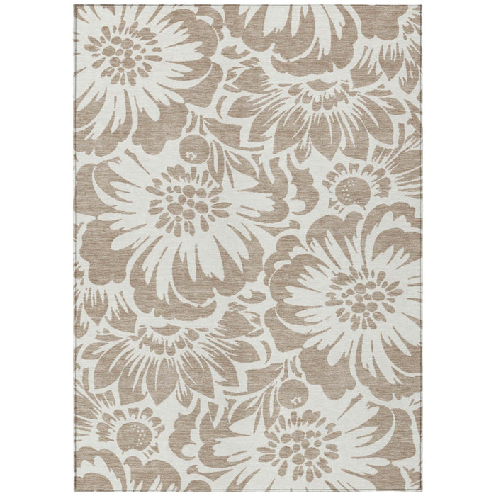 3' X 5' Taupe and Ivory Floral Washable Non Skid Indoor Outdoor Area Rug