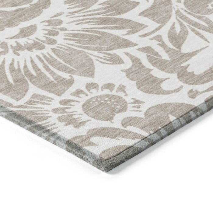 3' X 5' Taupe and Ivory Floral Washable Non Skid Indoor Outdoor Area Rug
