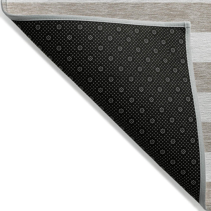 3' X 5' Taupe and White Striped Washable Indoor Outdoor Area Rug