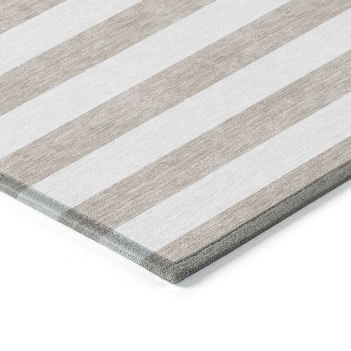 3' X 5' Taupe and White Striped Washable Indoor Outdoor Area Rug