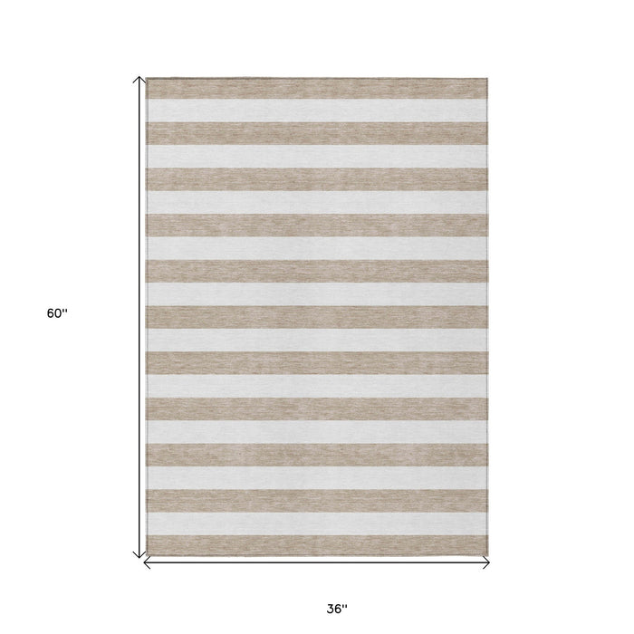 3' X 5' Taupe and White Striped Washable Indoor Outdoor Area Rug