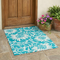 3' X 5' Teal and Ivory Floral Washable Non Skid Indoor Outdoor Area Rug