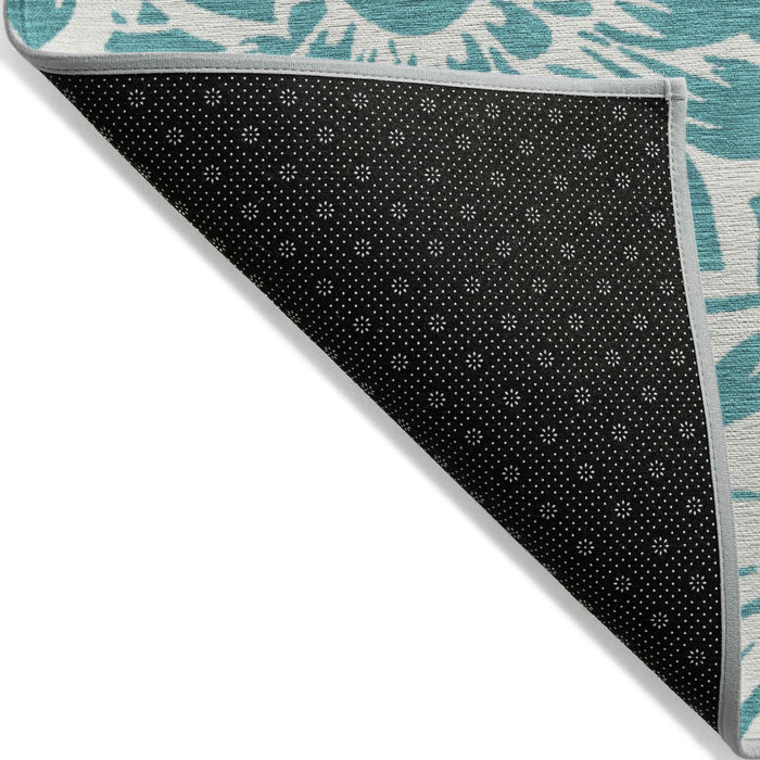 3' X 5' Teal and Ivory Floral Washable Non Skid Indoor Outdoor Area Rug