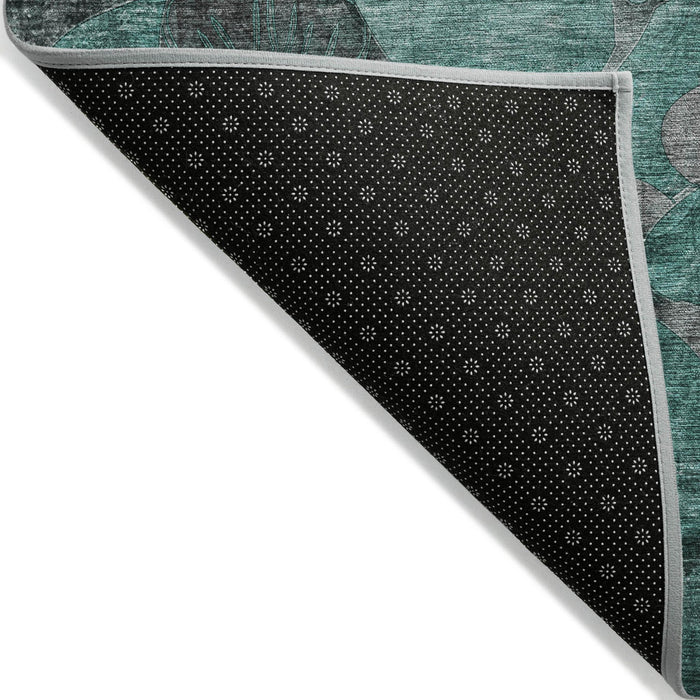 3' X 5' Teal Black and Gray Abstract Washable Indoor Outdoor Area Rug
