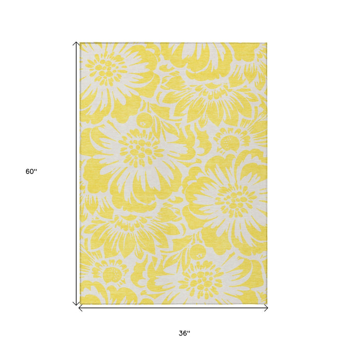 3' X 5' Yellow and Ivory Floral Washable Non Skid Indoor Outdoor Area Rug