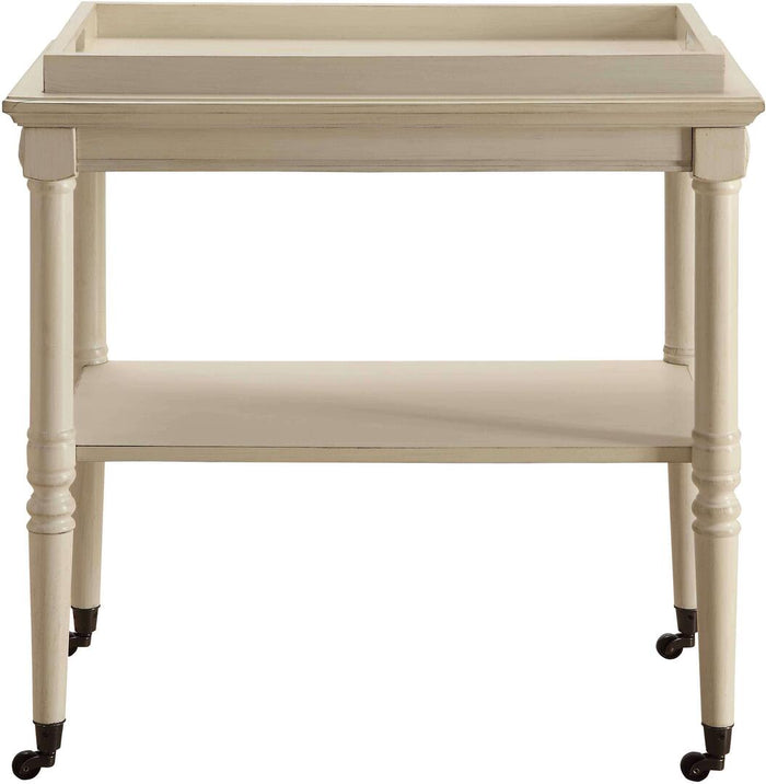 30" Antiqued White Wood Rolling Bar Cart