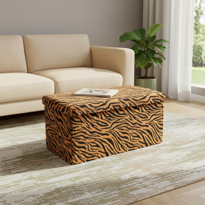 30" Black And Tan Faux Fur Tiger Ottoman
