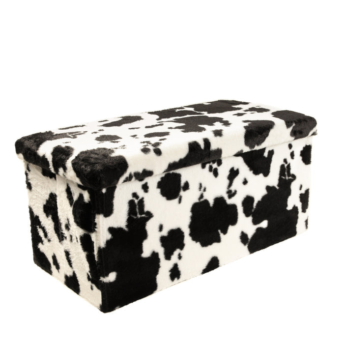 30" Black And White Faux Fur Cow Print Ottoman
