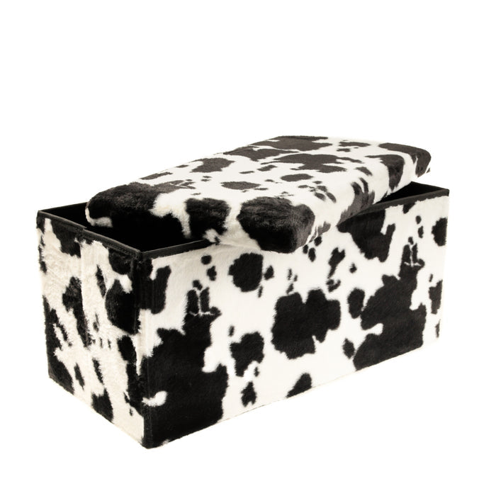 30" Black And White Faux Fur Cow Print Ottoman