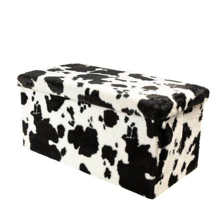 30" Black And White Faux Fur Cow Print Ottoman
