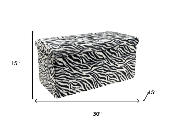 30" Black And White Faux Fur Zebra Ottoman
