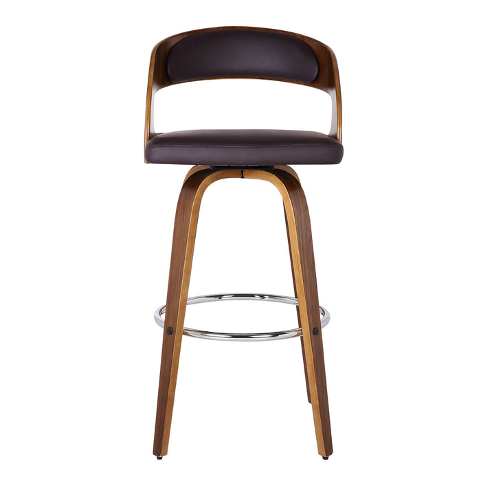 30" Brown Fabric And Solid Wood Low Back Bar Height Swivel Bar Chair