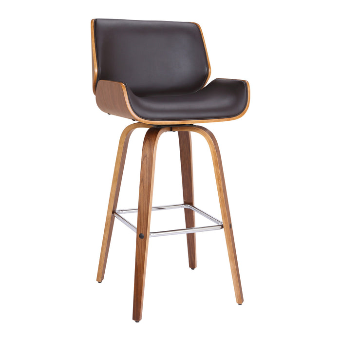 30" Brown Fabric And Solid Wood Low Back Bar Height Swivel Bar Chair