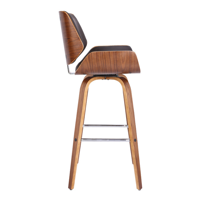 30" Brown Fabric And Solid Wood Low Back Bar Height Swivel Bar Chair