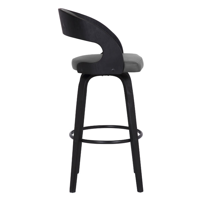 30" Gray And Black Fabric And Iron Low Back Bar Height Swivel Bar Chair