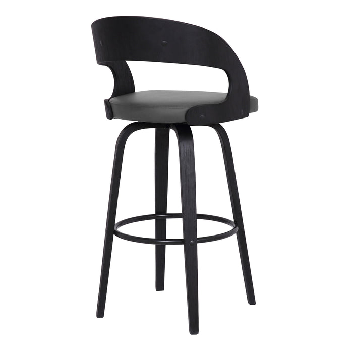 30" Gray And Black Fabric And Iron Low Back Bar Height Swivel Bar Chair