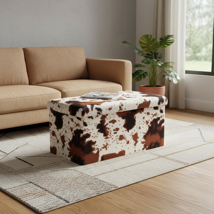 30" White And Brown Faux Fur Cow Print Ottoman