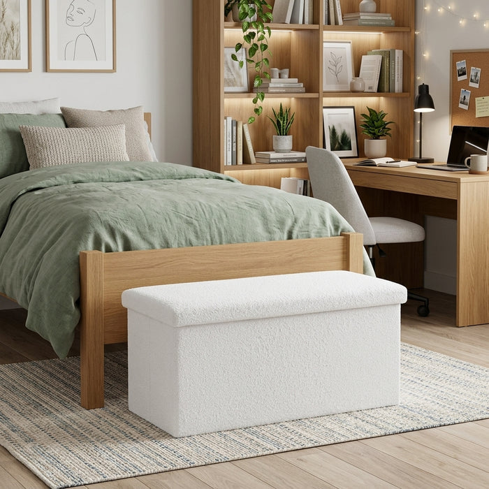 30" White Boucle Ottoman With Storage