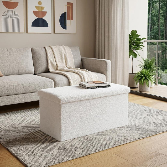 30" White Boucle Ottoman With Storage