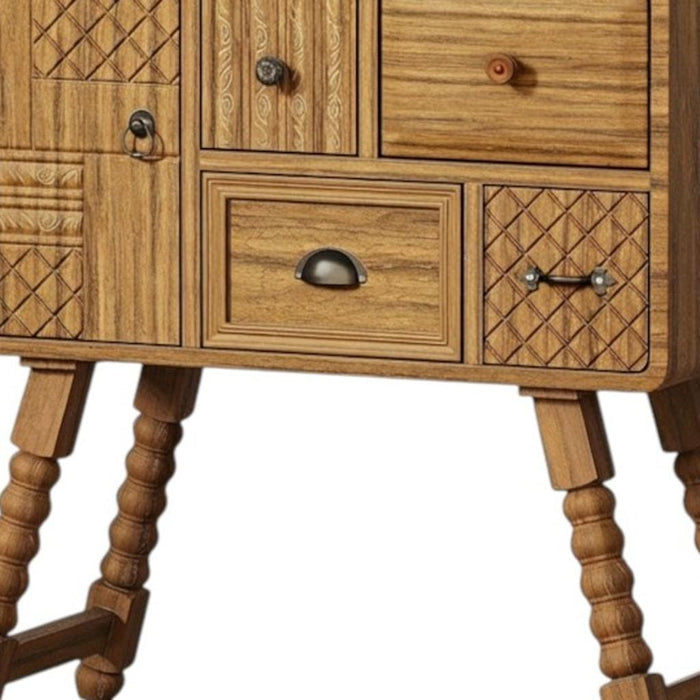 32" Sepia Solid Wood Console Accent Cabinet With Single Door And Four Drawers
