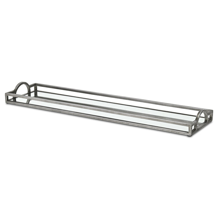 32" Silver Metal And Mirrored Glass Handmade Vanity Tray With Handles