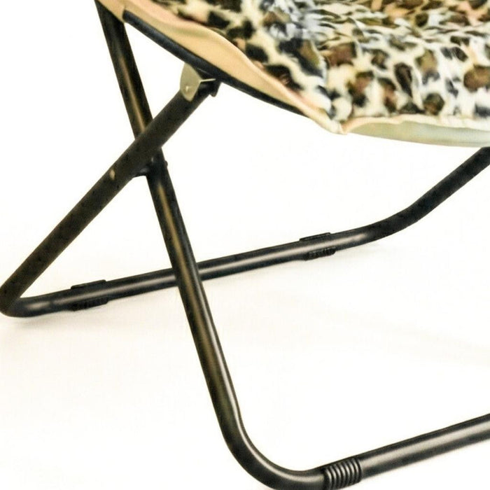 33" Beige Brown And Tufted Faux Fur and Metal Leopard Folding Lounge Chair