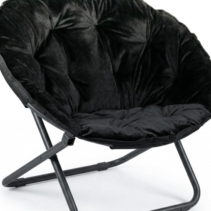 33" Black Tufted Faux Fur and Metal Folding Lounge Chair