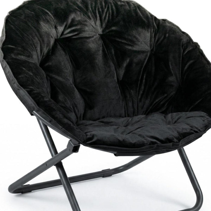 33" Black Tufted Faux Fur and Metal Folding Lounge Chair
