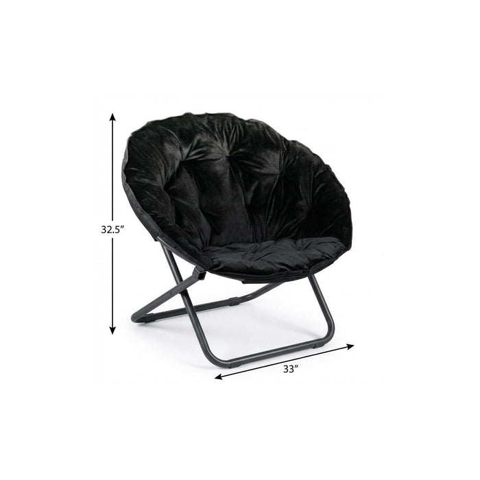 33" Black Tufted Faux Fur and Metal Folding Lounge Chair