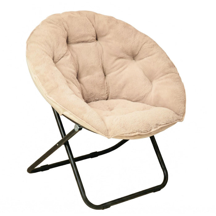 33" Champagne and Black Tufted Faux Fur and Metal Folding Lounge Chair