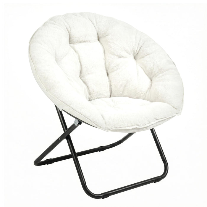 33" White Tufted Faux Fur and Metal Folding Lounge Chair