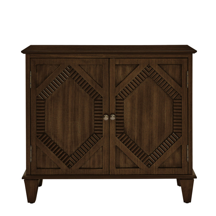 34" Brown Wood Carved Geometric Accent Cabinet With Two Doors