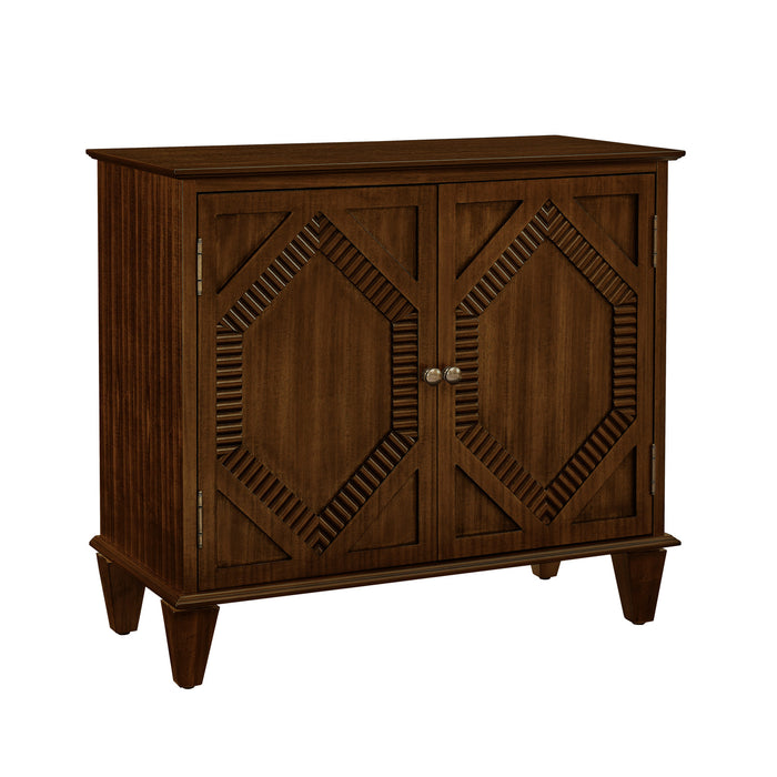 34" Brown Wood Carved Geometric Accent Cabinet With Two Doors