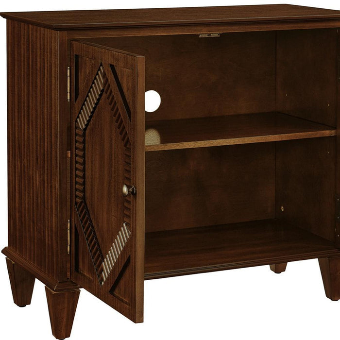 34" Brown Wood Carved Geometric Accent Cabinet With Two Doors