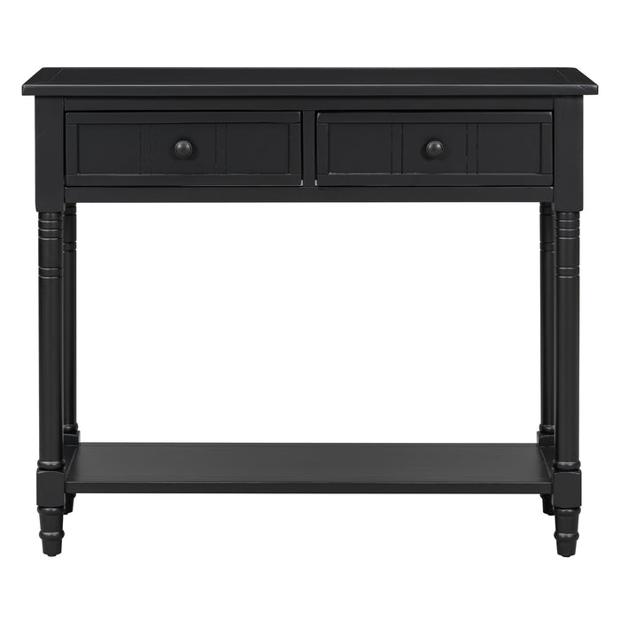 36" Black Solid Wood Console Table With Shelf And Two Drawers