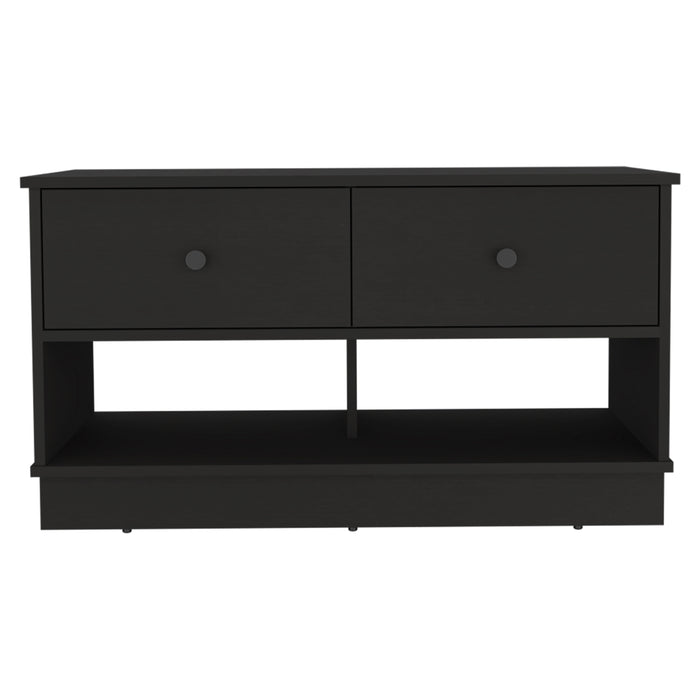 36" Black Wood Storage Bench With Drawers And Shelves