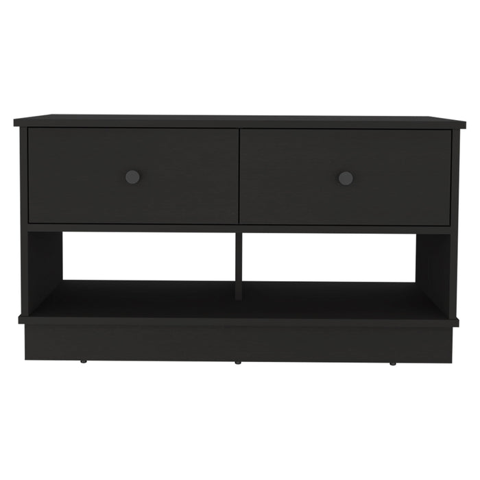 36" Black Wood Storage Bench With Drawers And Shelves