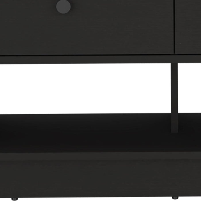 36" Black Wood Storage Bench With Drawers And Shelves
