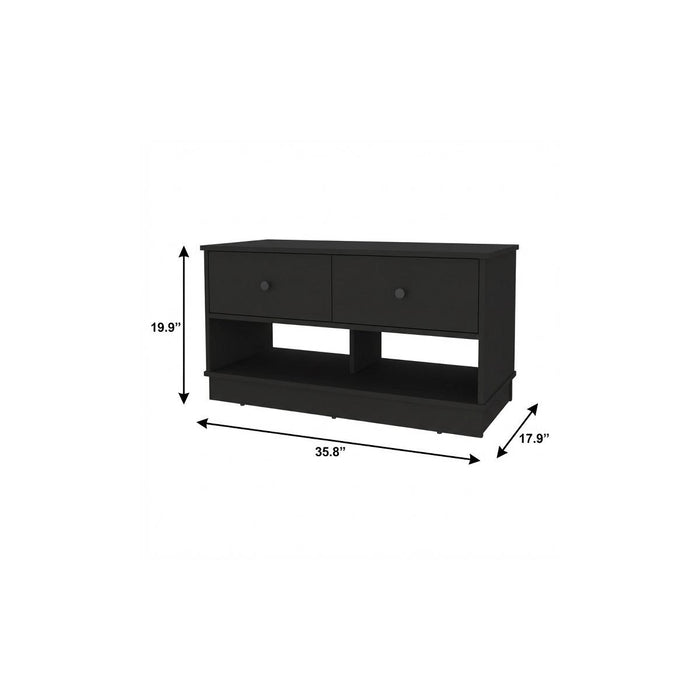36" Black Wood Storage Bench With Drawers And Shelves