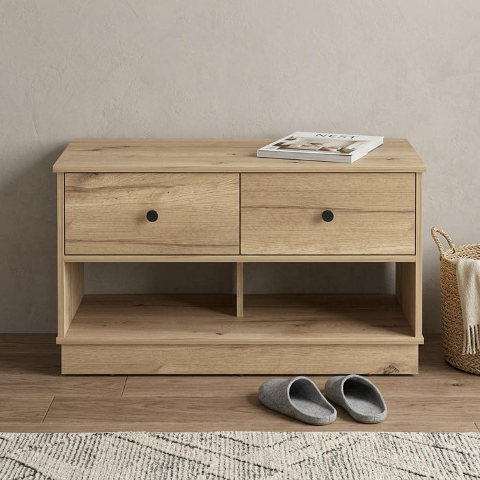 36" Natural and Oak Wood Storage Bench With Drawers Shoe Storage And Shelves