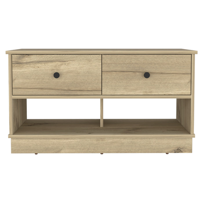36" Natural and Oak Wood Storage Bench With Drawers Shoe Storage And Shelves