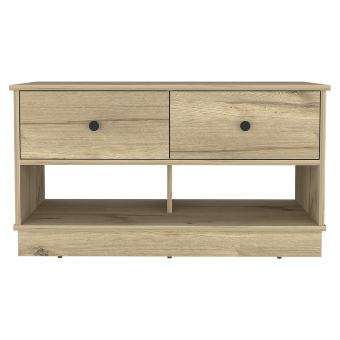 36" Natural and Oak Wood Storage Bench With Drawers Shoe Storage And Shelves