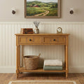 36" Natural Solid Wood Console Table With Shelf And Two Drawers