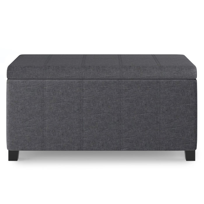 36" Slate Gray and Dark Brown Faux Linen and Solid Wood Upholstered Storage Bench With Flip Top