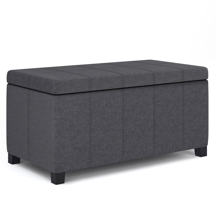 36" Slate Gray and Dark Brown Faux Linen and Solid Wood Upholstered Storage Bench With Flip Top