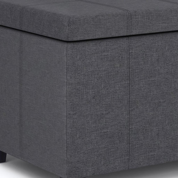 36" Slate Gray and Dark Brown Faux Linen and Solid Wood Upholstered Storage Bench With Flip Top