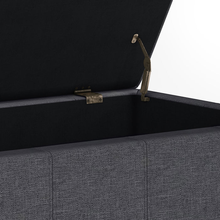36" Slate Gray and Dark Brown Faux Linen and Solid Wood Upholstered Storage Bench With Flip Top